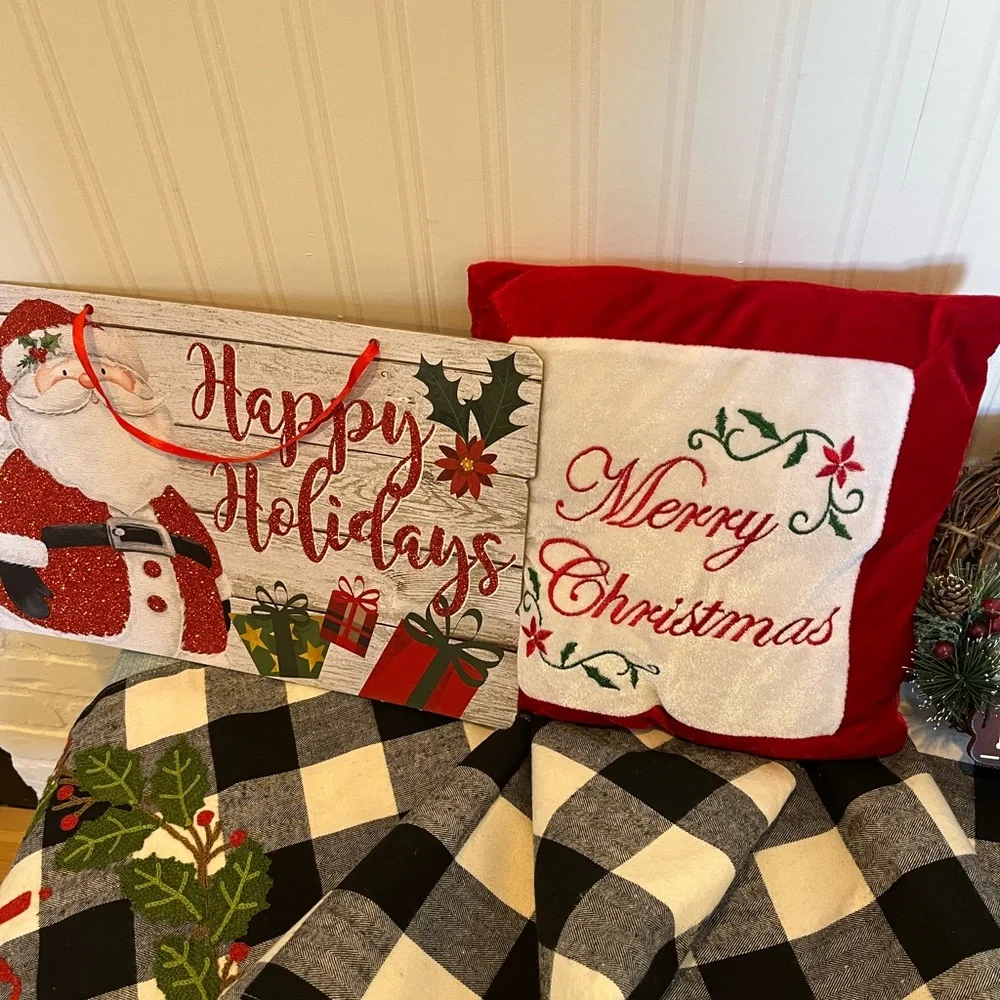 Holiday Runner Red and White Merry Christmas Decorative Pillow and more